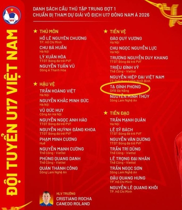 越南U17集训名单现同名谢霆锋 岘港中场首获征召 越南U17集训名单现同名谢霆锋 岘港中场首获征召