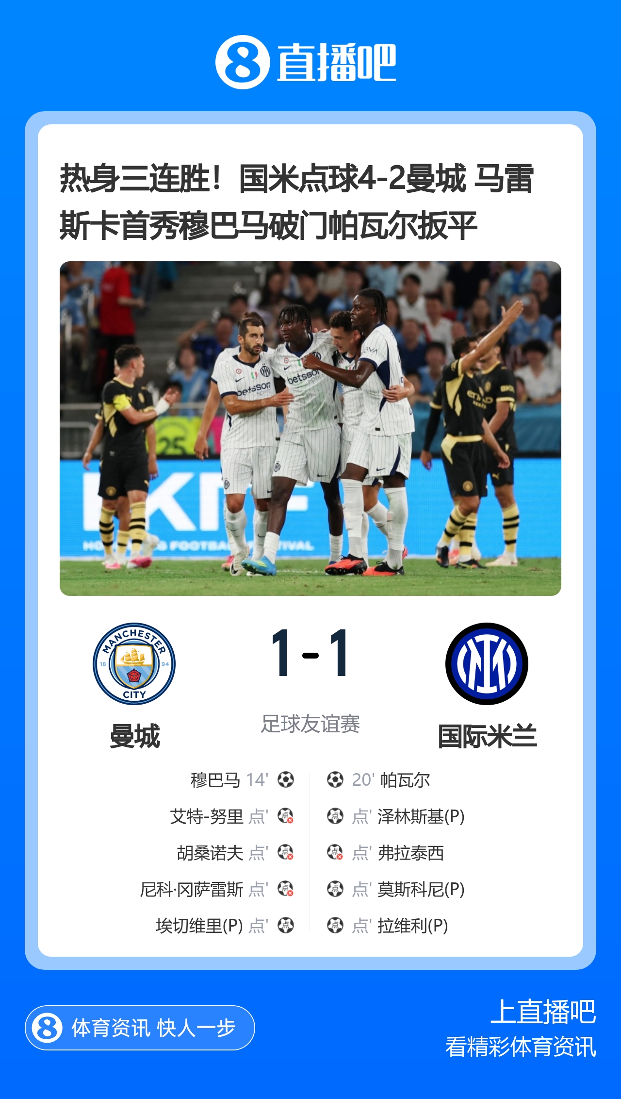 国米点球4-2曼城取热身三连胜 帕瓦尔扳平+门将扑点