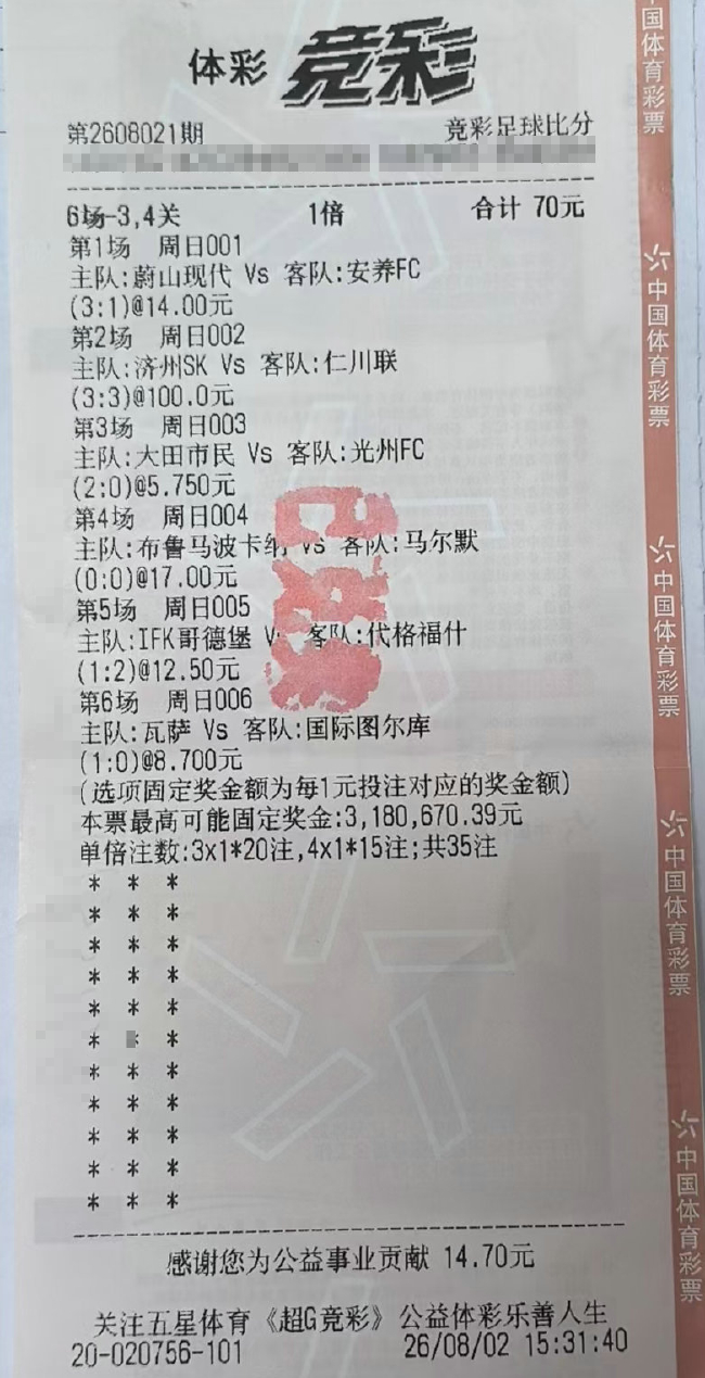 竞彩比分神单再现：40元复选日职2串1中7.2万